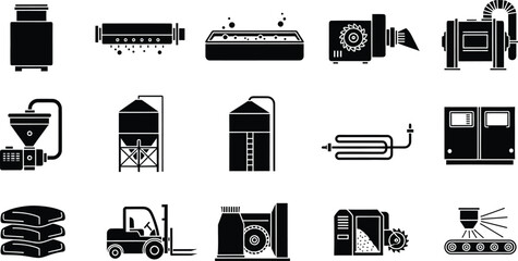Set of black industrial machinery and factory production equipment icons for manufacturing © Shahedul
