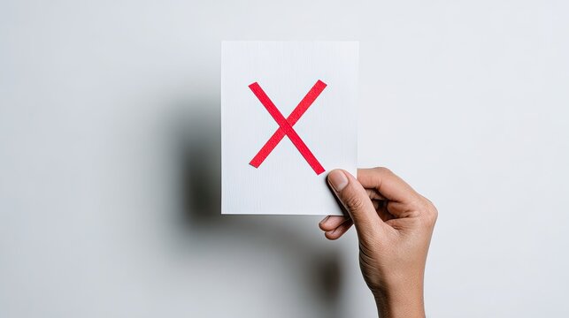 Hand holding a white card with a red X mark.