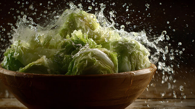 Cabbage wedge in wooden bowl with dynamic pour of brine splashing over fresh green cabbage, slow motion feel and dramatic lighting conveying freshness and motion