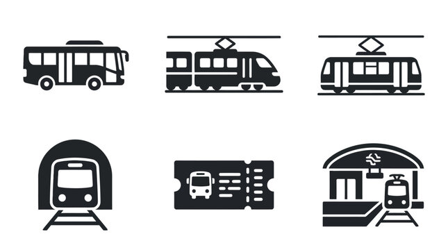 Public Transport Icons: Bus, Tram, Subway, Train Station, Ticket