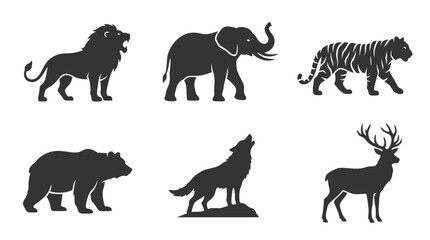 Fototapeta premium Silhouette Collection of Wild Animals: Lion, Elephant, Tiger, Bear, Wolf, Deer