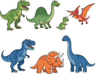 Colorful Collection of Dinosaur Illustrations Featuring T-Rex, Triceratops, Brontosaurus, and Pterodactyl for Kids' Learning © MDEsmayil