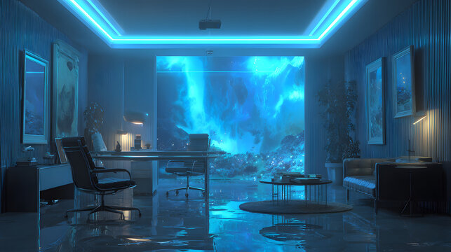 Futuristic holographic brainstorm in room neon blue col d b abe office with glowing window view of cosmic nebula and reflective wet floor, atmospheric mood and modern furniture