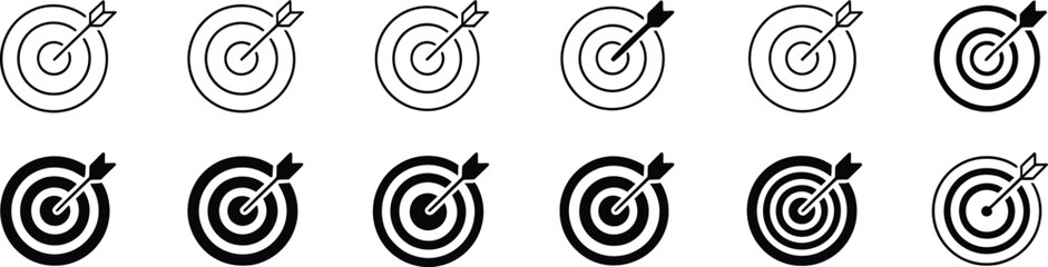 Target with arrow icon set vector illustration collection of dartboard aim symbols in line and glyph style representing focus precision and success © EQBAL BASAR HABIB