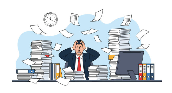 Overwhelmed businessman sitting at his office desk with his head in his hands surrounded by massive piles of paperwork and documents.