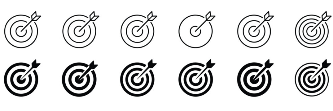 Target with arrow icon set vector illustration line and glyph style dartboard aim symbols representing focus accuracy and goal achievement concept