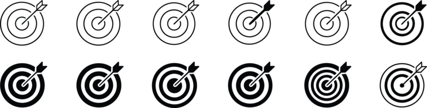 Target with arrow icon set vector illustration collection of dartboard aim symbols in line and glyph style representing focus precision and success