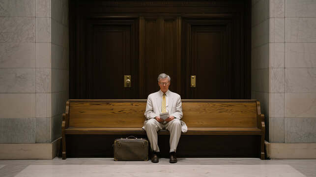 Employment discrimination plaintiff sitting alone on courthouse bench outside sealed hearing room, legal aid pamphlet clutched in hands, scuffed briefcase beside feet on marble floor, muffled attorn
