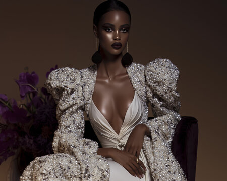 Fashion Model in Deep Neckline Couture Dress, Luxury Editorial