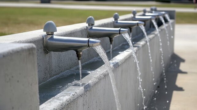 Public water fountains running continuously in an empty park highlighting wasted resources