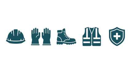 Obraz premium Construction Safety Gear Icons: Hard Hat, Gloves, Boots, Vest, Shield