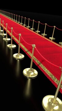 Side View of Red Carpet with Gold Stanchions - 3d 4k vertical animation (2160 x 3840px)