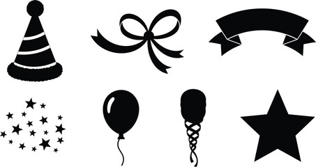 Fototapeta premium Birthday party vector illustration set with hat bow balloon star.