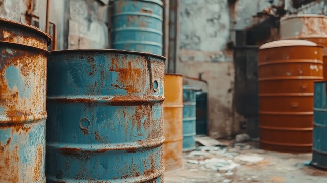 Rusty industrial barrels filled with chemical residue in a derelict urban setting, showcasing environmental decay and neglect.