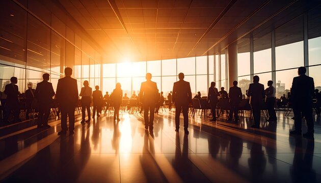 Siluetas de viajeros en una terminal moderna iluminada por el atardecer