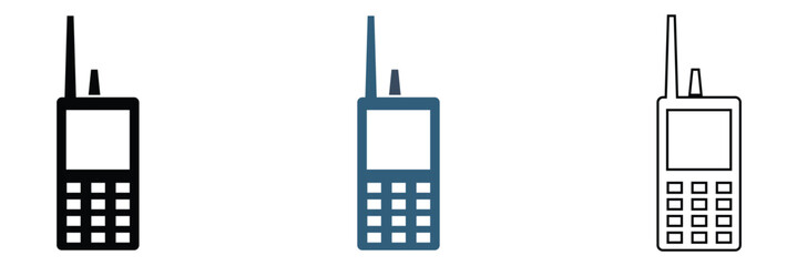 Walkie Talkie Radio Icons Communication Device Set. Set of walkie talkie icons in outline, solid, and colored styles with signal waves, representing wireless communication and radio devices. © KD Vector Studio