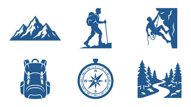 Hiking and Adventure Icons: Mountains, Climber, Backpack, Compass, Forest