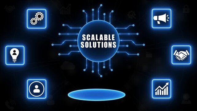 Digital concept of scalable solutions with interconnected icons and glowing central hub business growth.4k Animation.