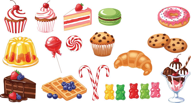 Delicious Sweet Treats Vector Set with Cakes, Cupcakes, Donuts, Ice Cream, Candy, and Cookies for Food, Dessert, and Bakery Designs