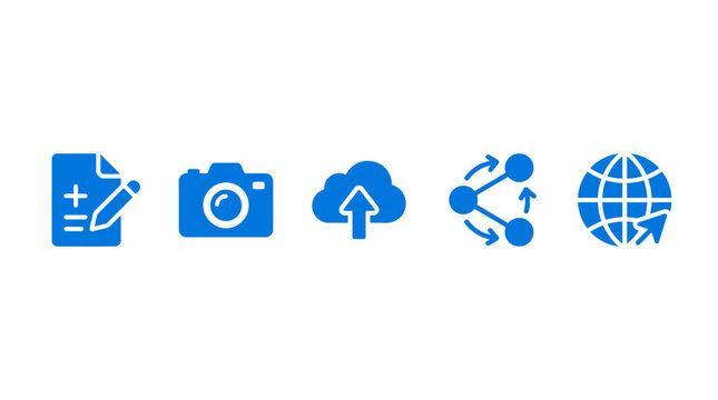 Digital Icons: Document, Camera, Cloud Upload, Network, Globe Clicks