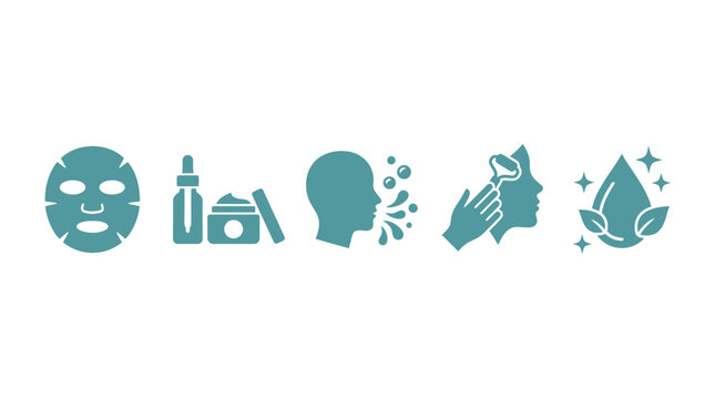 Skincare routine icons: face mask, serum, moisturizer, cleansing, facial massage, natural ingredients