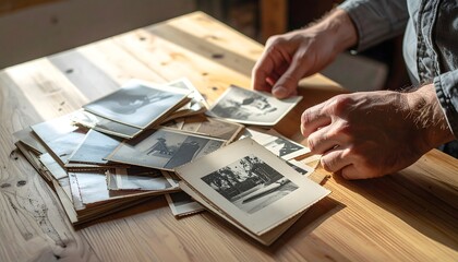 Manos revisando fotografías antiguas familiares sobre una mesa de madera © EBG Stock Studio