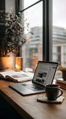 Obraz premium Cozy workspace with laptop, coffee mug, open book, soft candlelight and city window view