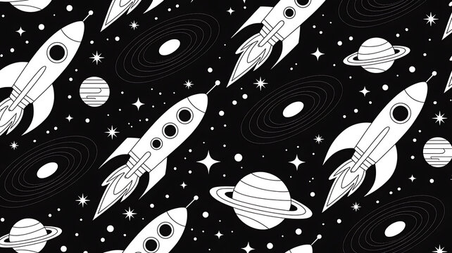 Black and white pixel art rockets in space