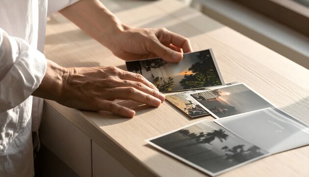 Manos organizando fotograf&iacute;as antiguas sobre una mesa junto a una ventana
