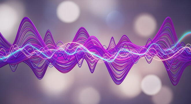 Vibrant purple waves undulate harmoniously against a blurred background of bokeh lights in a digital art scene.