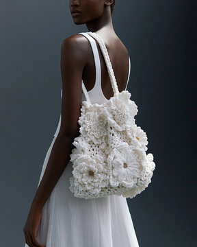 White Floral Handbag on Model, Luxury Fashion Accessory
