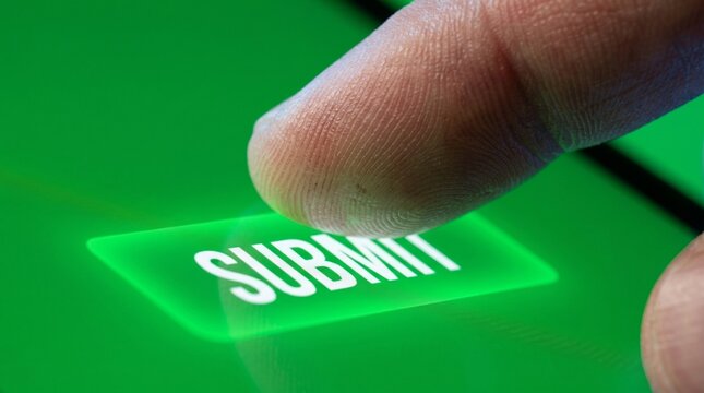 hand pressing glowing green submit button on digital interface background
