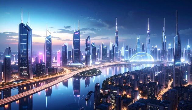Ciudad futurista con rascacielos iluminados junto al agua al anochecer