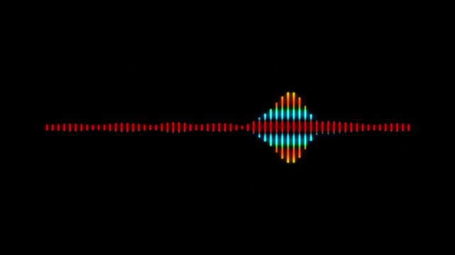 Animated colorful audio equalizer spectrum analyzer with pulsating vertical bars. The waveform features glowing red orange and blue neon lights reacting to music rhythms on a black background