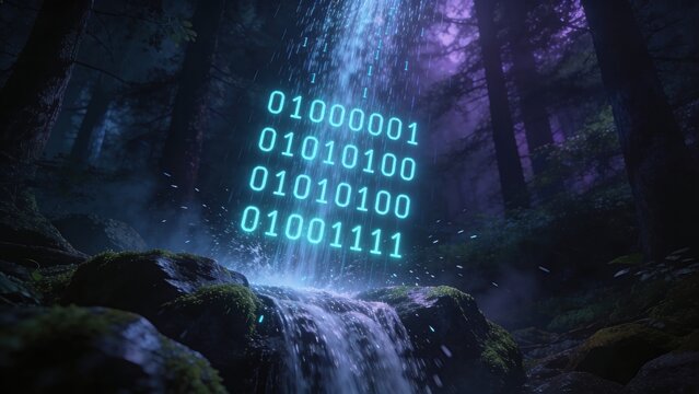 Glowing binary code cascades down a mystical waterfall in a dark enchanted forest with mossy rocks and trees