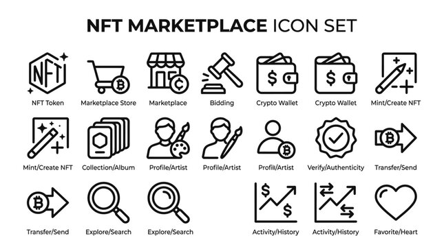 NFT marketplace icon set collection.