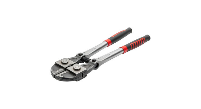 A pair of metal bolt cutters with red and black handles on transparent background