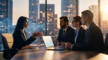 Fototapeta na wymiar Group of business professionals sitting in modern office boardroom with large windows and city view while discussing strategy with holographic digital network connection overlay
