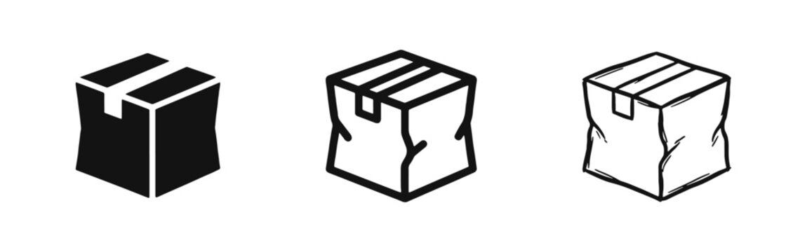 Damaged Package Icon Set, Crushed Delivery Box Symbol in Three Styles: Solid, Outline, and Hand-Drawn Sketch