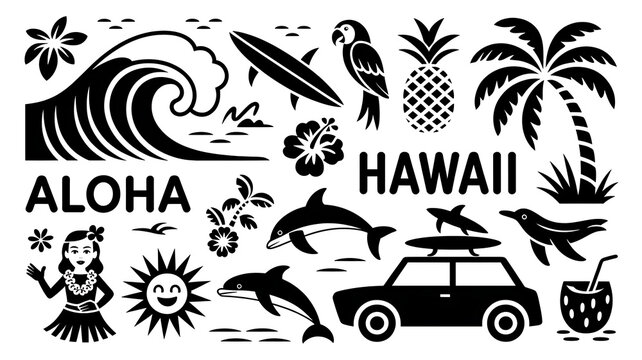 Black hawaiian icons set with aloha text