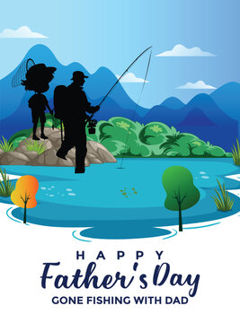 Father&rsquo;s Day Fishing Vector Greeting Card Template &ndash; Dad and Child Lake Outdoor Activity, Happy Family Fishing Hobby Travel Illustration Design
