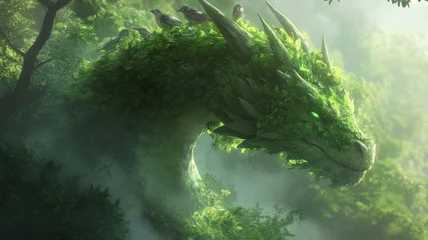 Papier peint photo Chambre de fille Enchanted forest dragon camouflaged among lush greenery with birds resting  © Anna
