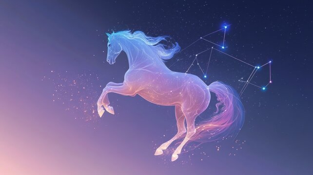 Majestic dreamlike horse with celestial constellations in a starry night sky
