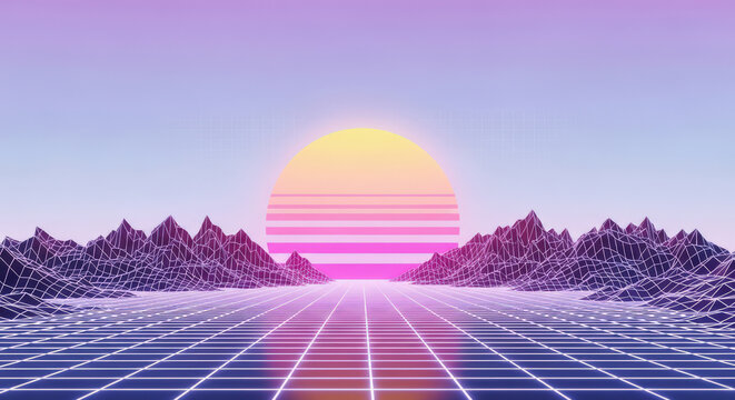 Synthwave Landscape with Grid, Mountains, and Sunset for a Nostalgic and Futuristic 1980s Style Background