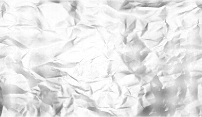 Fototapeta premium Halftone crumpled paper texture with black a dotted, rough, and wrinkled surface. Wite creased sheet background in comic pop-art style, featuring grainy folds and gritty distressed details.