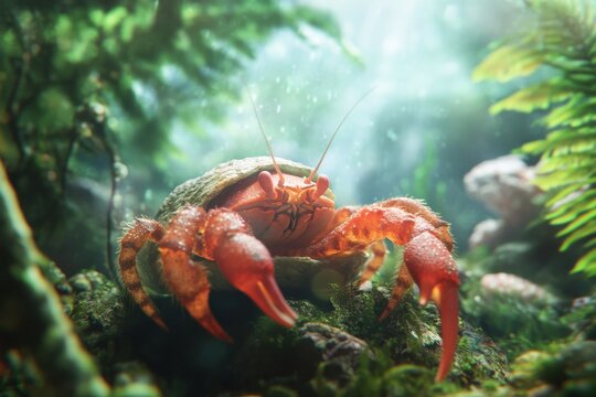 Close up of hermit crab in vibrant underwater scene