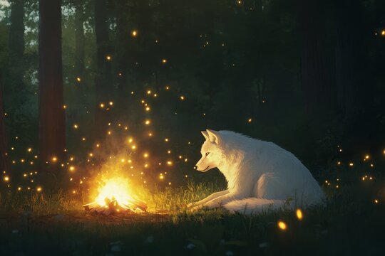 White wolf observing campfire surrounded by fireflies in forest night scene
