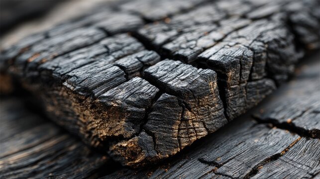 Charred wood texture (Shou Sugi Ban), black burnt timber, cracked carbon surface, dark abstract background, rough detail 
