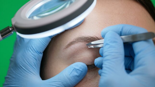 close-up professional eyebrow microblading procedure with precision tools