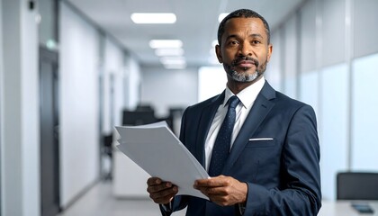 Fototapeta premium Empresario con traje sosteniendo documentos en una oficina moderna